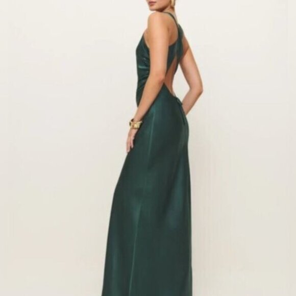 NEW Reformation Anaiis Long Silk Dress Forest Dark Green | US 4 UK 8 - Picture 12 of 14